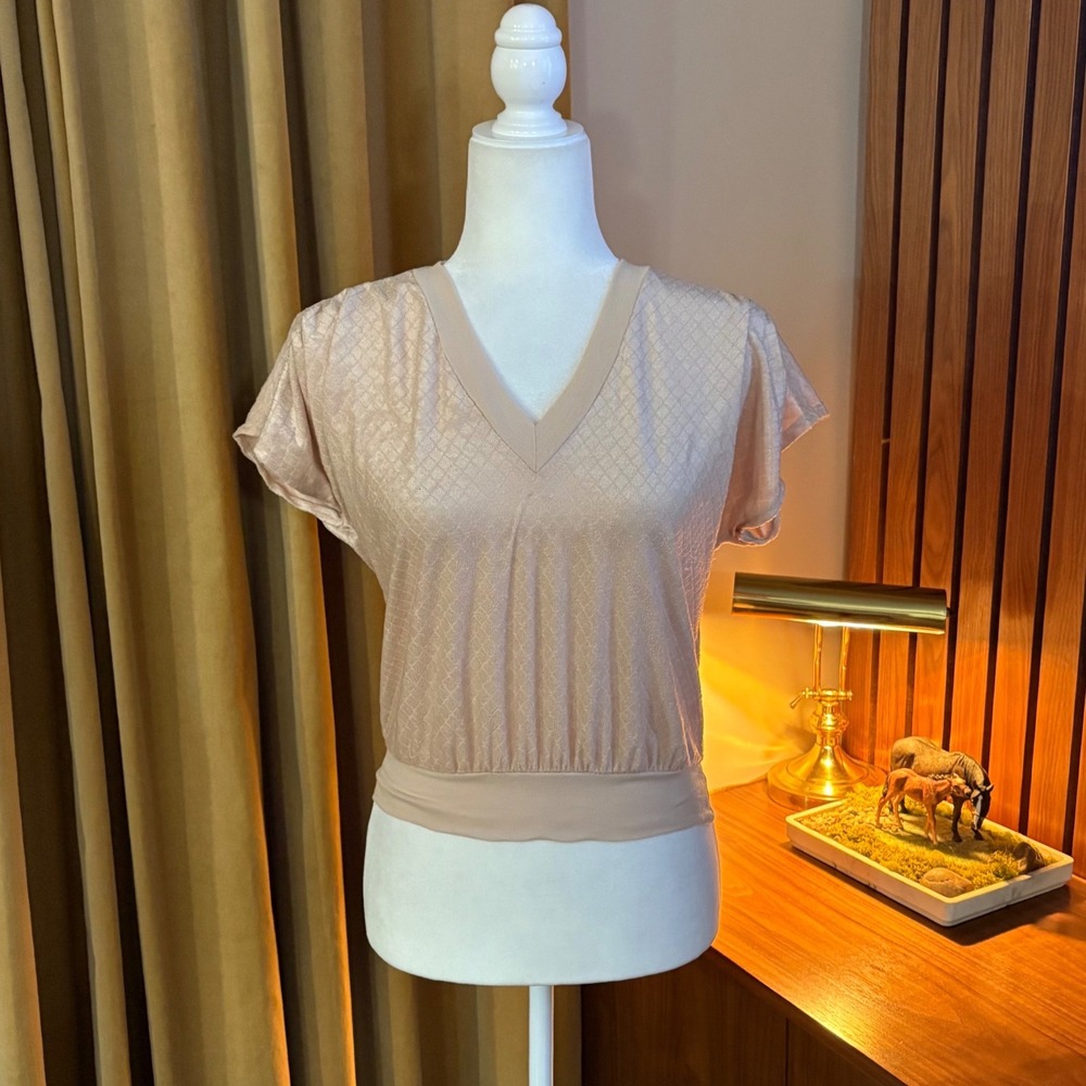 Vtg 80s‎ Currants by Jeri-Jo V-Neck Textured Banded Hem Blouse Pink Champagne S